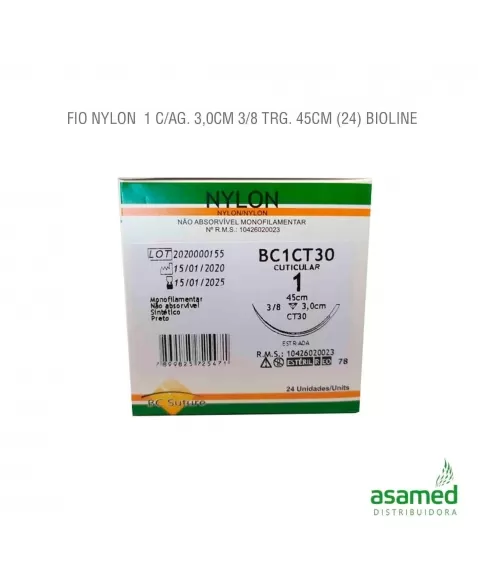 FIO NYLON 1 C/AG. 3,0CM 3/8 TRG. 45CM BIOLINE