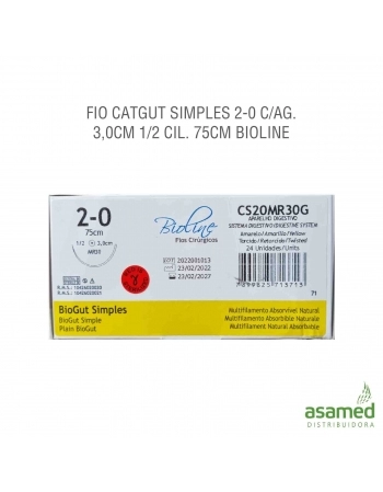 FIO CATGUT SIMPLES 2-0 C/AG. 3,0CM 1/2 CIL. 75CM BIOLINE