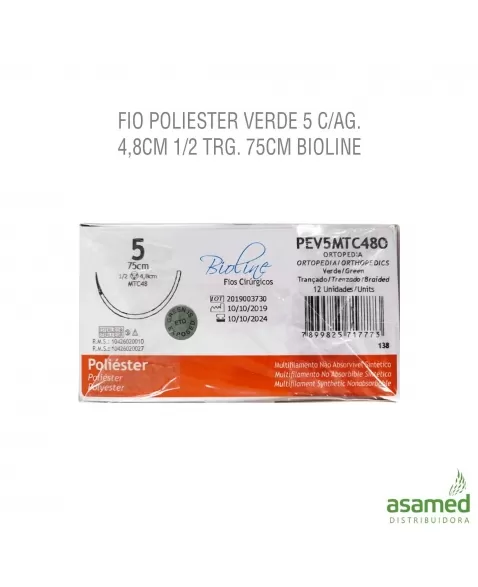 FIO POLIESTER VERDE 5 C/AG. 4,8CM 1/2 TRG. 75CM BIOLINE