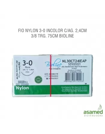 FIO NYLON 3-0 INCOLOR C/AG. 2,4CM 3/8 TRG. 75CM BIOLINE