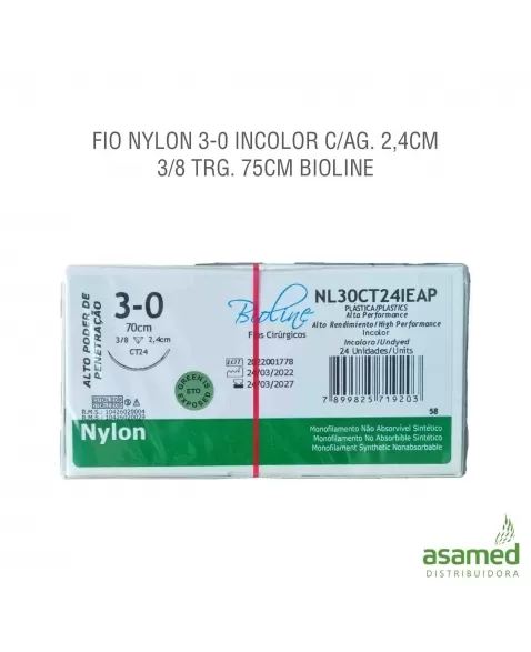 FIO NYLON 3-0 INCOLOR C/AG. 2,4CM 3/8 TRG. 75CM BIOLINE