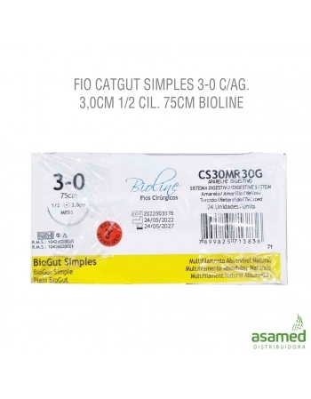 FIO CATGUT SIMPLES 3-0 C/AG. 3,0CM 1/2 CIL. 75CM BIOLINE