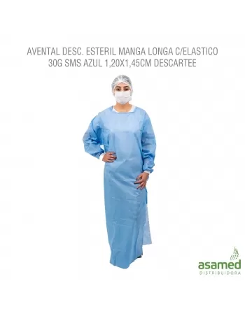 AVENTAL DESC. CIRUG. ESTERIL MANGA LONGA 30G SMS AZUL C/ELASTICO G 1,20X1,45CM DESCARTEE