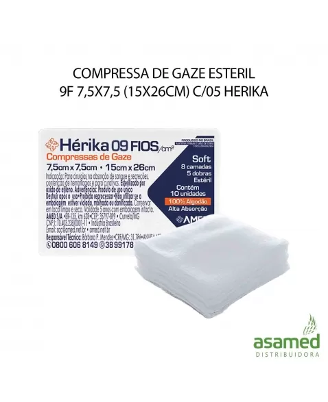 COMPRESSA DE GAZE ESTERIL 9F 7,5X7,5 (15X26CM) C/05 HERIKA