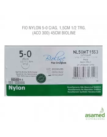 FIO NYLON 5-0 C/AG. 1,5CM 1/2 TRG. (ACO 300) 45CM BIOLINE