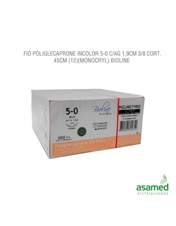 FIO POLIGLECAPRONE INCOLOR 5-0 C/AG 1,9CM 3/8 TRG. 45CM BIOLINE