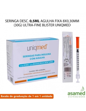 SERINGA DESC. 0,5ML AGULHA FIXA 8X0,30MM(30G) ULTRA-FINE BLISTER UNIQMED