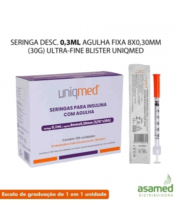 SERINGA DESC. 0,3ML AGULHA FIXA 8X0,30MM(30G) ULTRA-FINE BLISTER UNIQMED