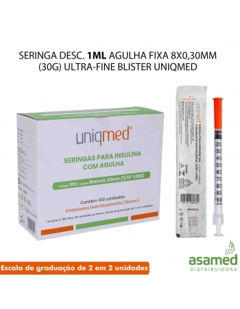 SERINGA DESC. 1ML AGULHA FIXA 8X0,30MM(30G) ULTRA-FINE BLISTER UNIQMED