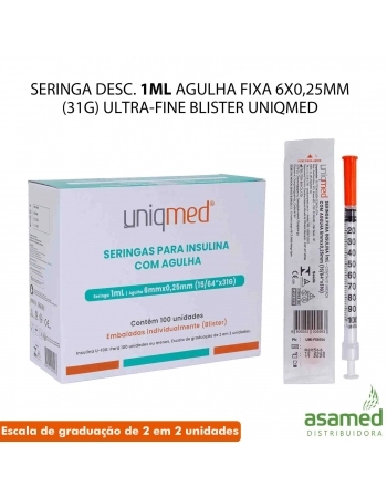 SERINGA DESC. 1ML AGULHA FIXA 6X0,25MM(31G) ULTRA-FINE BLISTER UNIQMED