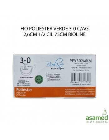 FIO POLIESTER VERDE 3-0 C/AG 2X2,6CM 1/2 CIL 75CM BIOLINE