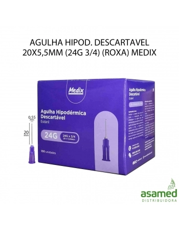 AGULHA HIPOD. DESCARTAVEL 20X5,5MM (24G 3/4) (ROXA) MEDIX