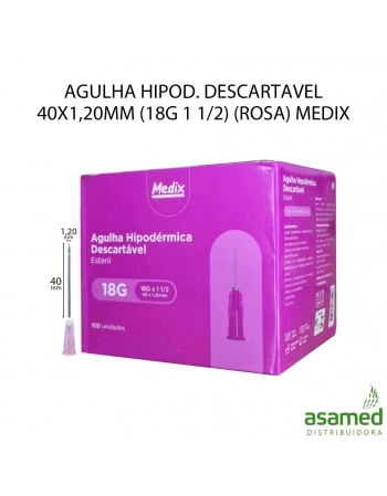 AGULHA HIPOD. DESCARTAVEL 40X1,20MM (18G 1 1/2) (ROSA) MEDIX