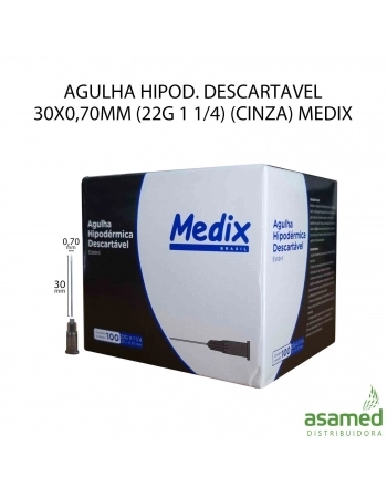 AGULHA HIPOD. DESCARTAVEL 30X0,70MM (22G 1 1/4) (CINZA) MEDIX