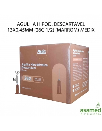 AGULHA HIPOD. DESCARTAVEL 13X0,45MM (26G 1/2) (MARROM) MEDIX