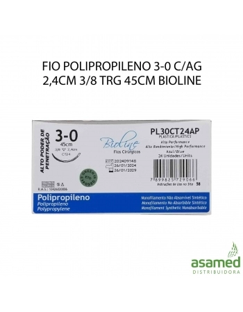 FIO POLIPROPILENO 3-0 C/AG 2,4CM 3/8 TRG 45CM BIOLINE