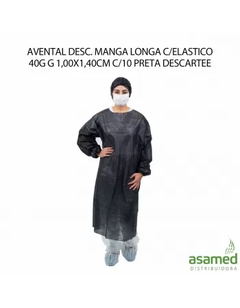 AVENTAL DESC. MANGA LONGA C/ELASTICO 40G G 1,00X1,40CM C/10 PRETA DESCARTEE