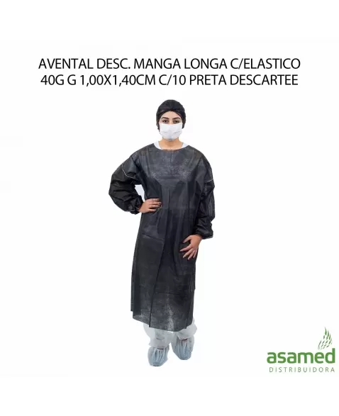 AVENTAL DESC. MANGA LONGA C/ELASTICO 40G G 1,00X1,40CM C/10 PRETA DESCARTEE