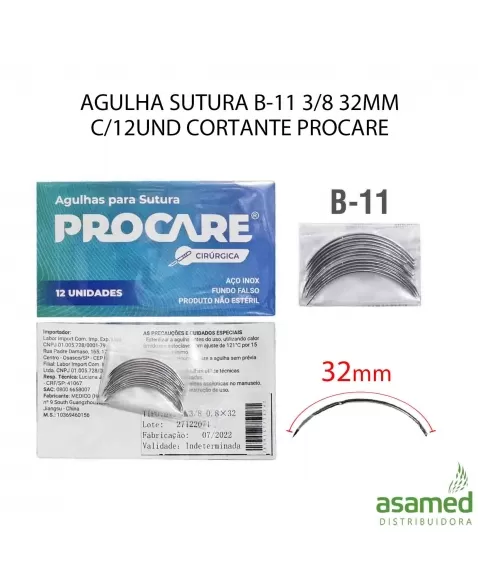 AGULHA SUTURA B-11 3/8 32MM C/12UND CORTANTE PROCARE