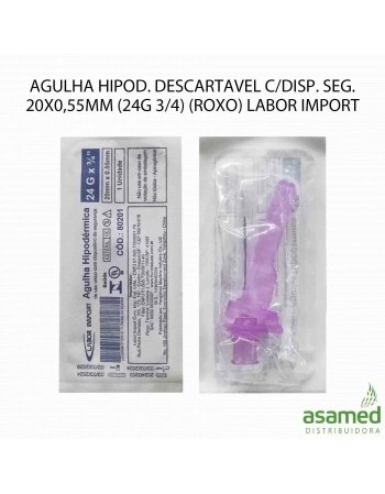 AGULHA HIPOD. DESCARTAVEL C/DISP. SEG. 20X0,55MM (24G 3/4) (ROXO) LABOR IMPORT