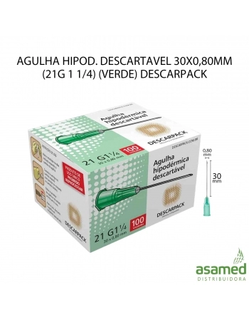 AGULHA HIPOD. DESCARTAVEL 30X0,80MM (21G 1 1/4) (VERDE) DESCARPAC