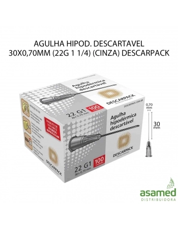 AGULHA HIPOD. DESCARTAVEL 30X0,70MM (22G 1 1/4) (CINZA) DESCARPAC