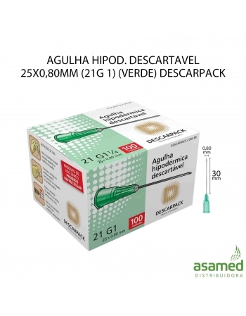 AGULHA HIPOD. DESCARTAVEL 25X0,80MM (21G 1) (VERDE) DESCARPACK