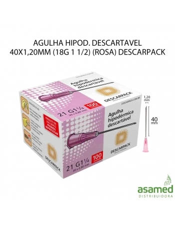 AGULHA HIPOD. DESCARTAVEL 40X1,20MM (18G 1 1/2) (ROSA) DESCARPACK