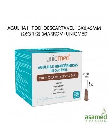 AGULHA HIPOD. DESCARTAVEL 13X0,45MM (26G 1/2) (MARROM) UNIQMED