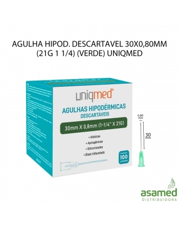 AGULHA HIPOD. DESCARTAVEL 30X0,80MM (21G 1 1/4) (VERDE) UNIQMED