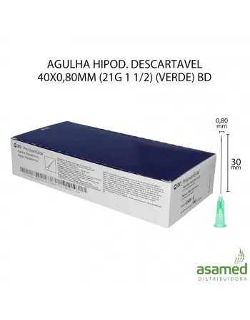 AGULHA HIPOD. DESCARTAVEL 40X0,80MM (21G 1 1/2) (VERDE) BD