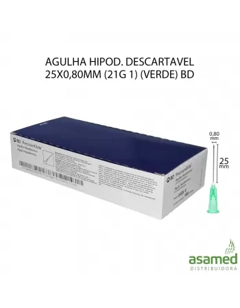 AGULHA HIPOD. DESCARTAVEL 25X0,80MM (21G 1) (VERDE) BD