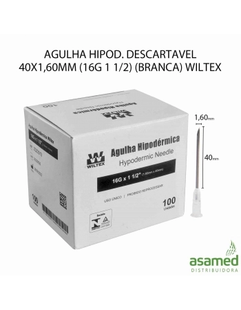 AGULHA HIPOD. DESCARTAVEL 40X1,60MM (16G 1 1/2) (BRANCA) WILTEX