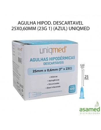 AGULHA HIPOD. DESCARTAVEL 25X0,60MM (23G 1) (AZUL) UNIQMED