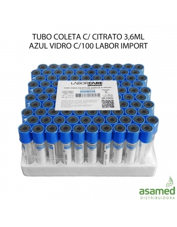 TUBO COLETA C/ CITRATO 3,6ML AZUL VIDRO C/100 LABOR IMPORT