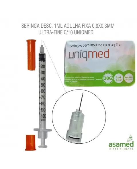 SERINGA DESC. 1ML AGULHA FIXA 8X0,30MM(30G) ULTRA-FINE C/10 UNIQMED