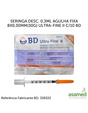 SERINGA DESC. 0,3ML AGULHA FIXA 8X0,30MM(30G) ULTRA-FINE II C/10 BD