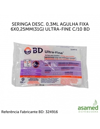 SERINGA DESC. 0,3ML AGULHA FIXA 6X0,25MM(31G) ULTRA-FINE C/10 BD