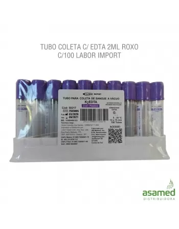 TUBO COLETA C/ EDTA 2ML ROXO C/100 LABOR IMPORT