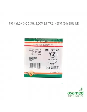 FIO NYLON 3-0 C/AG. 2,0CM 3/8 TRG. 45CM BC SUTURE