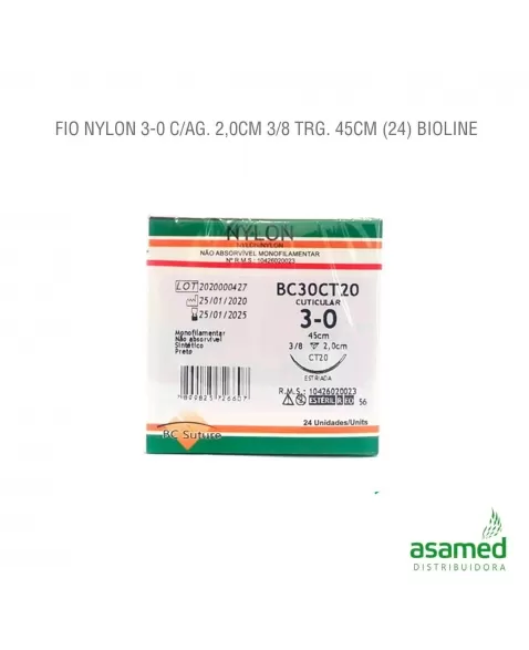 FIO NYLON 3-0 C/AG. 2,0CM 3/8 TRG. 45CM BC SUTURE