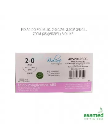 FIO ACIDO POLIGLICOLICO 2-0 C/AG. 3,0CM 3/8 CIL. 70CM BIOLINE