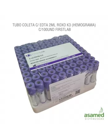 TUBO COLETA C/ EDTA 2ML ROXO K3 (HEMOGRAMA) C/100UND FIRSTLAB